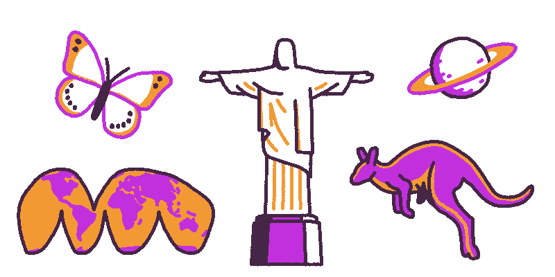 illustrations of a butterfly (top-left); a planet (top-right); a kangaroo (bottom-right); a Goode homolosine projection of Earth (bottom-left); and the Cristo Redentor statue (centre)